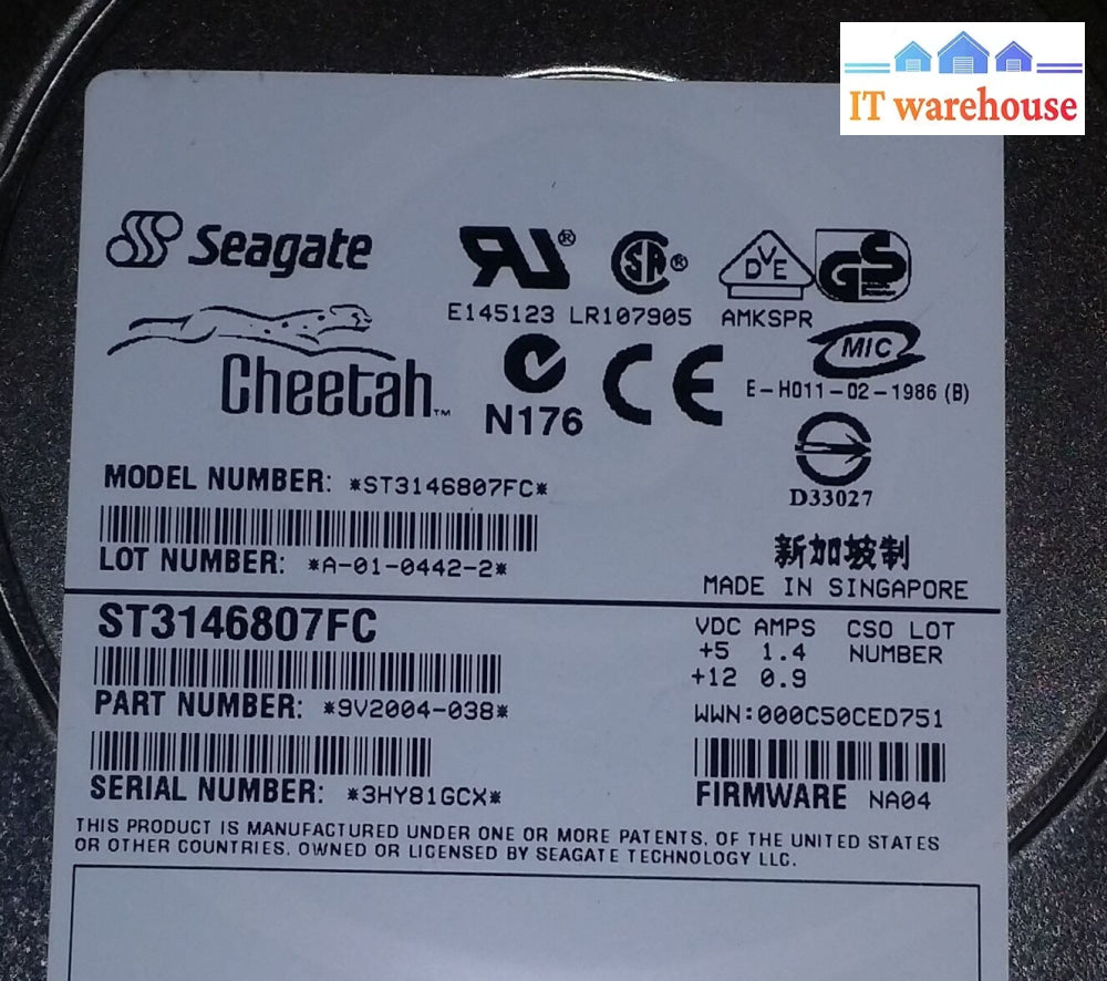 Seagate 146Gb 10K 9V2004-038 Fw: Na04 St3146807Fc W/ Tray Netapp