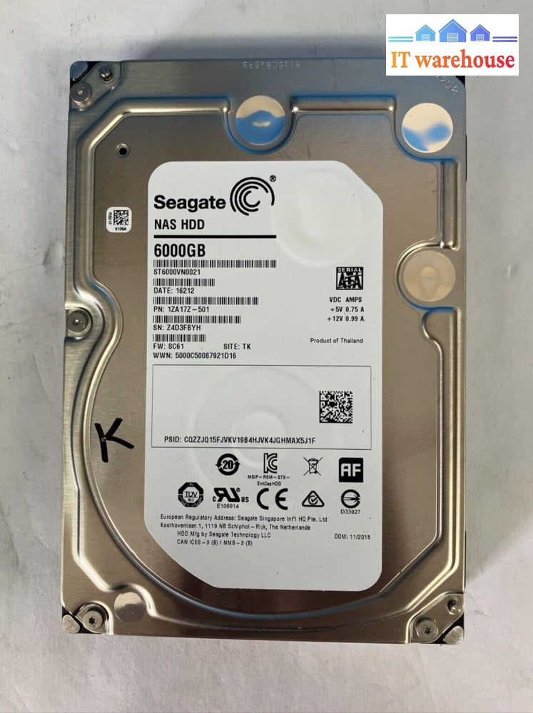 Seagate 6Tb Nas St6000Vn0021 Sata 3.5’ Hd 1Za17Z-501 (1000 Days Remaining)~