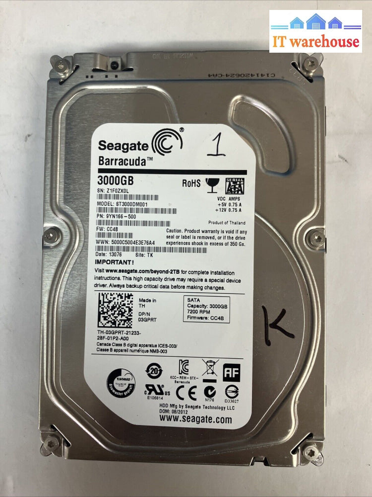 Seagate Barracuda 3Tb St3000Dm001 Sata 3.5’ Hdd 03Gprt (1000 Days Remaining) ~