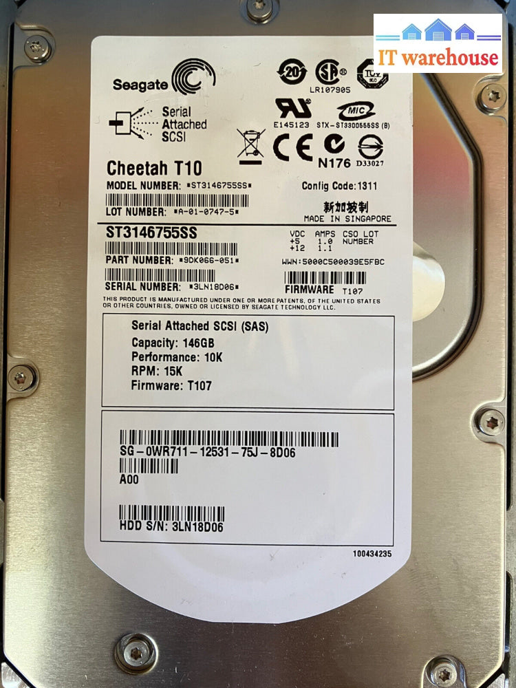 ~ Seagate Cheetah T10 St3146755Ss 146Gb Rpm 15K 0Wr711 Sas Hdd W/ Caddy 0F9541