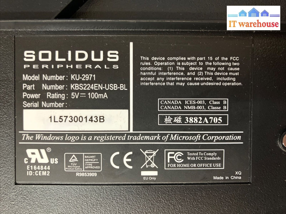 Solidus Peripherals Ku-2971 Kbs224En-Usb-Bl Keyboard 9-Pin Rs232 Serial Port ~