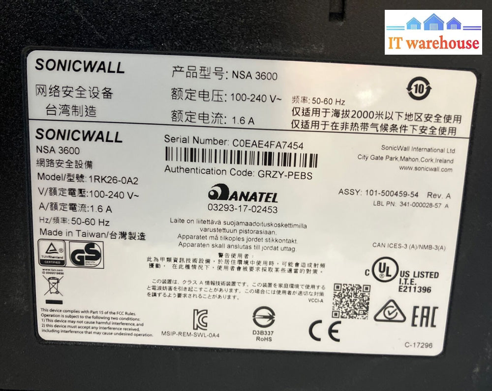 Sonicwall Nsa 3600 1Rk26-0A2 Network Firewall (Non-Transferable) With Brackets ~