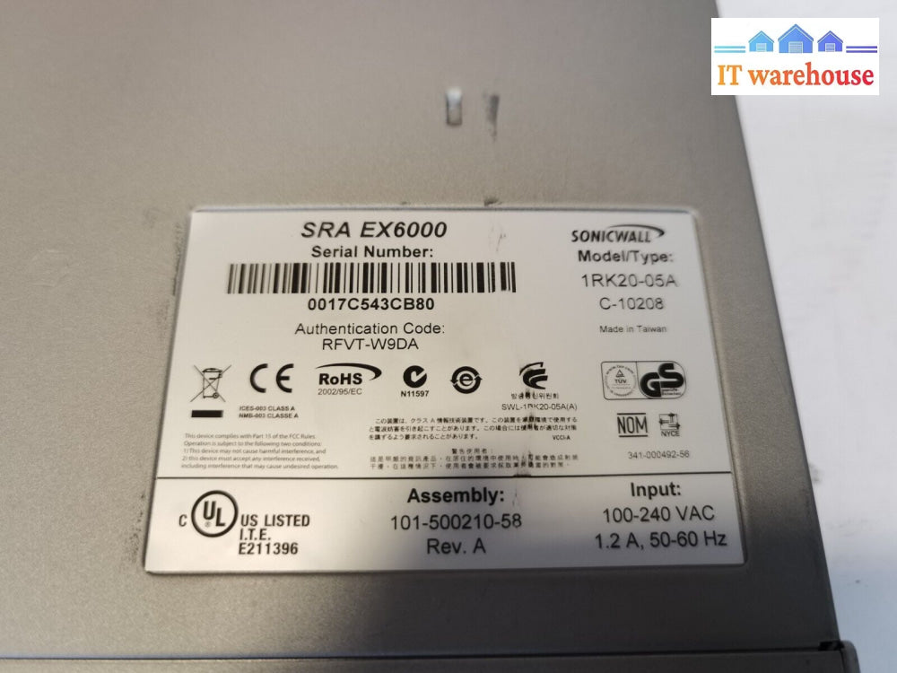 $ Sonicwall Sra Ex6000 Firewall Appliance 1Rk20-05A (No Hard Drive No Licence)