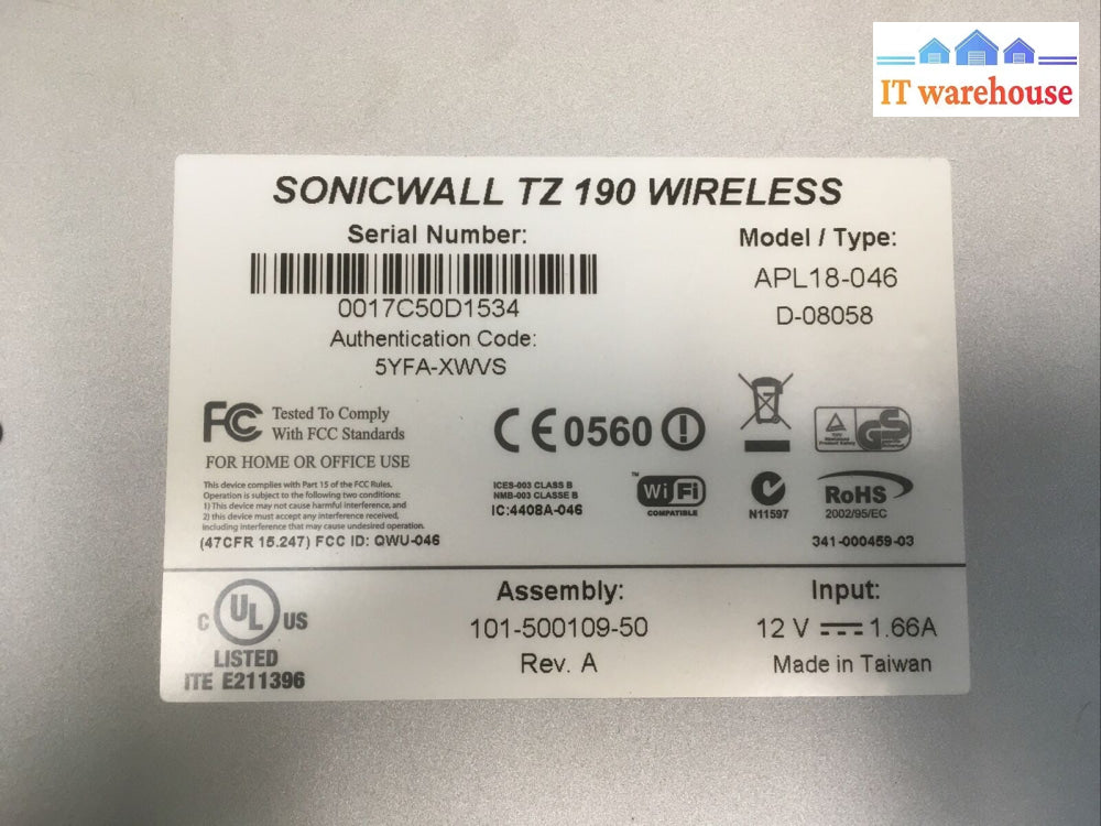 + Sonicwall Tz 190 Wireless Apl18-046 Vpn Firewall With Ac