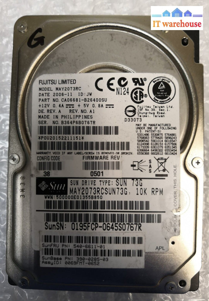 - Sun 73Gb 10K 2.5’ Sas Hard Drive May2073Rc Pn:390-0285-03 /540-6611-01 @@@