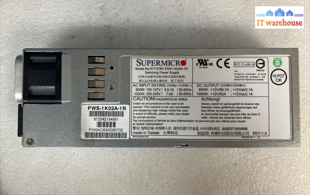 Supermicro Model: Pws-1K02A-1R Redundant 1000W Module Switching Power Supply ~