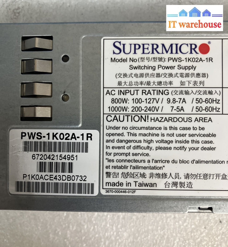 Supermicro Model: Pws-1K02A-1R Redundant 1000W Module Switching Power Supply ~