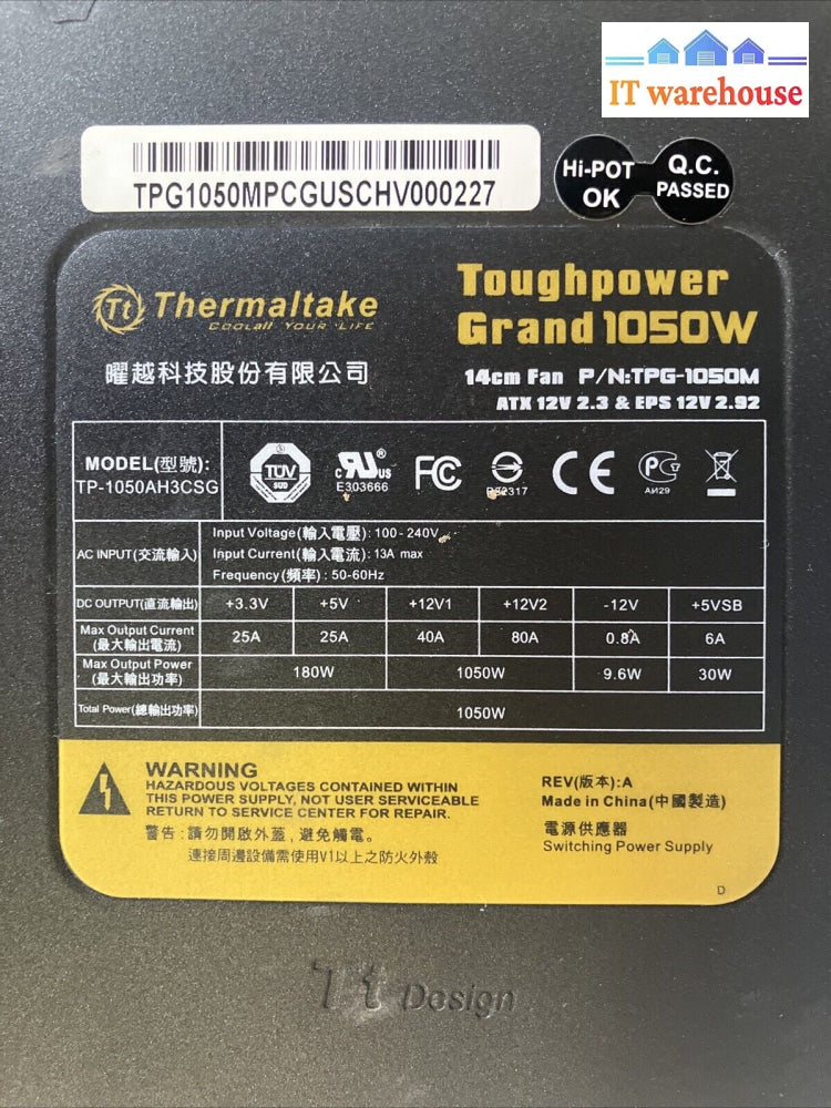 Thermaltake Toughpower Grand 1050W Atx Power Supply Tpg-1050M 8-Pin Pcie Tested~