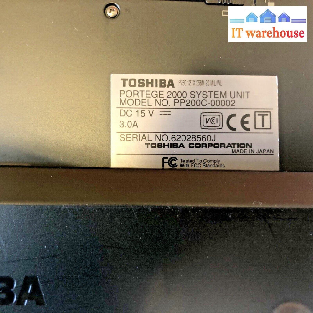 $ Toshiba Portege 2000 Laptop 12’ Pp200C Pentium Iii 750Mhz 512Mb 20Gb Hdd Winxp