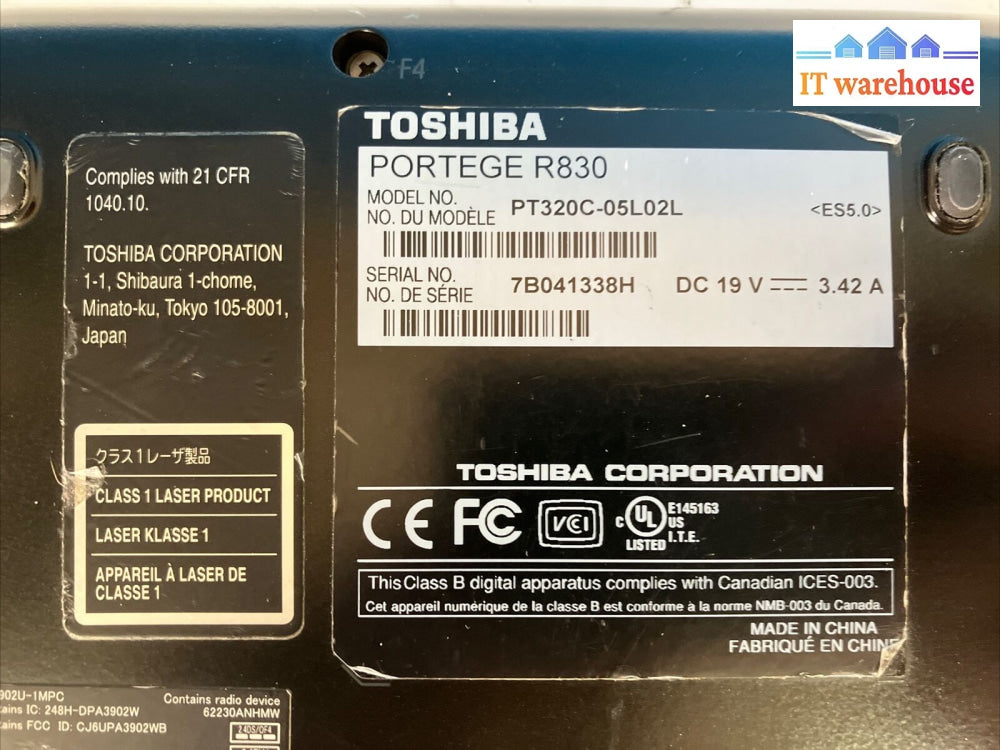 Toshiba Portege R830 13.3’ Laptop Intel I3-2310M Cpu/ 3Gb Ram / 250Gb Hdd Xp ~