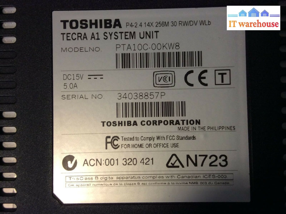 Toshiba Tecra A1 15”Laptop Intel Pentium 4 2.4Ghz 1Gb Ram 30Gb Hdd Win Xp