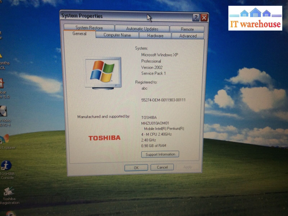 Toshiba Tecra A1 15”Laptop Intel Pentium 4 2.4Ghz 1Gb Ram 30Gb Hdd Win Xp