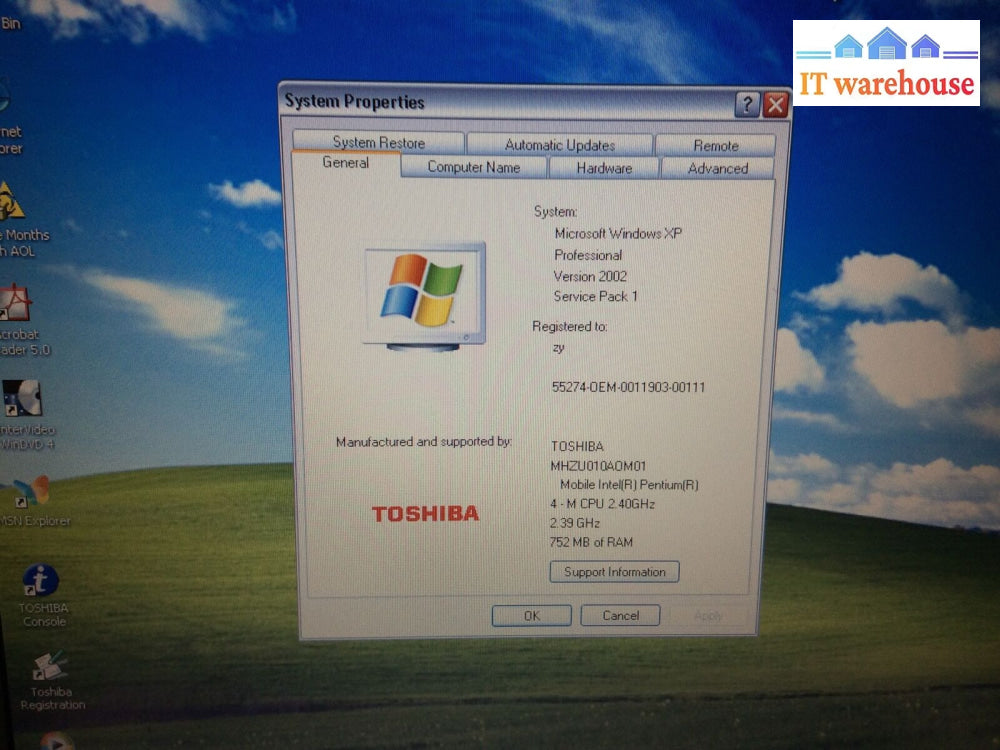 Toshiba Tecra A1 15”Laptop Intel Pentium 4 2.4Ghz 725Mb Ram 30Gb Hdd Win Xp