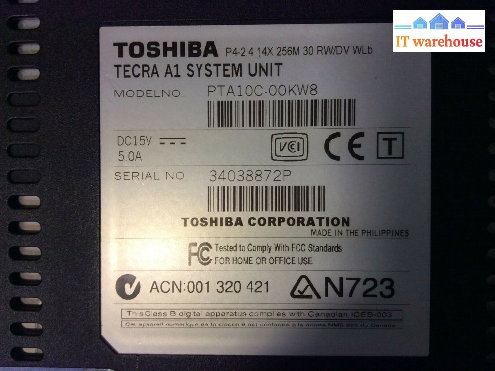 Toshiba Tecra A1 15”Laptop Intel Pentium 4 2.4Ghz 725Mb Ram 60Gb Hdd Win Xp