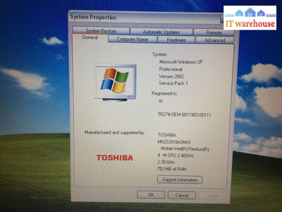 Toshiba Tecra A1 15”Laptop Intel Pentium 4 2.4Ghz 725Mb Ram 60Gb Hdd Win Xp