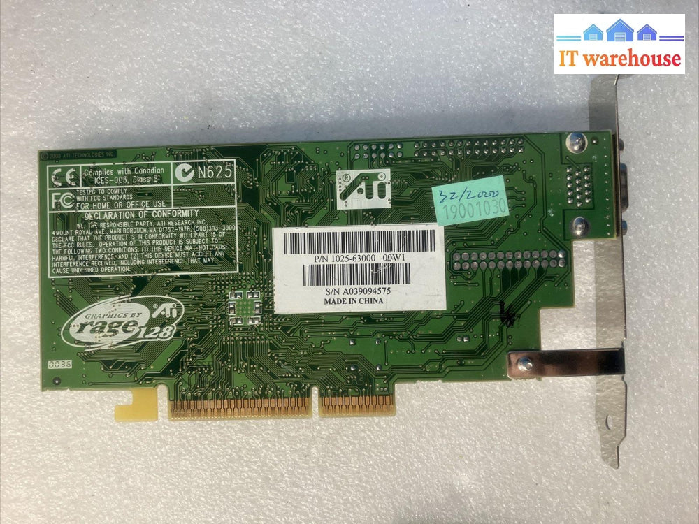 ~ Vintage Ati Rage 128 109-51900-31 Video Graphics Card Vga 32Mb Pn: 1025-63000