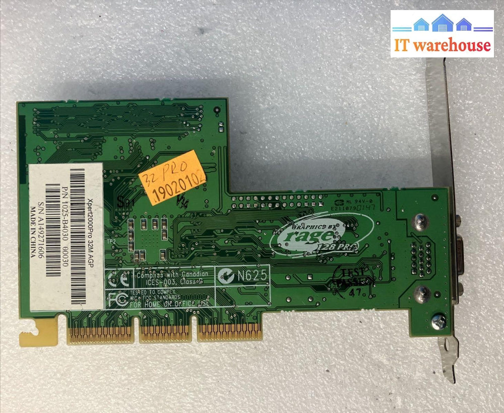 ~ Vintage Ati Rage 128 109-65700-20 Video Graphics Card Vga 32Mb Pn: 1025-B4030