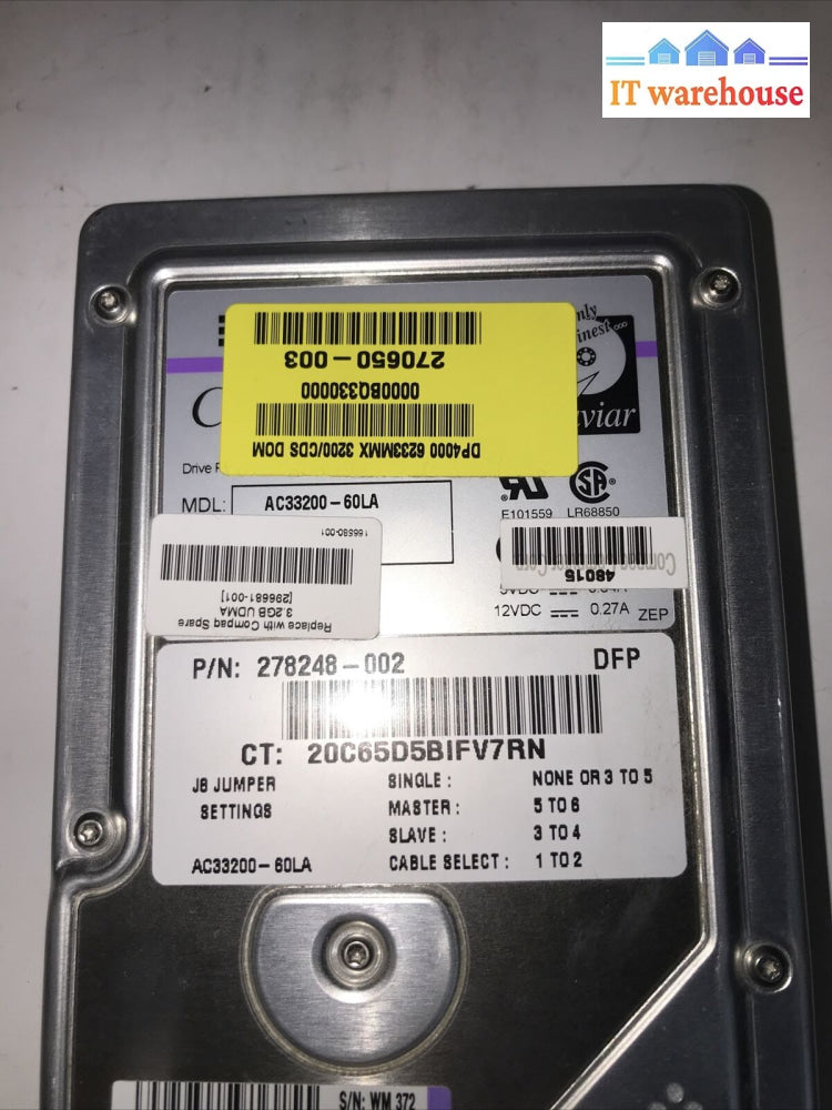 Western Digital Compaq Ac33200-60La 278248-002 296681-001 270800-003 3.2Gb Hdd