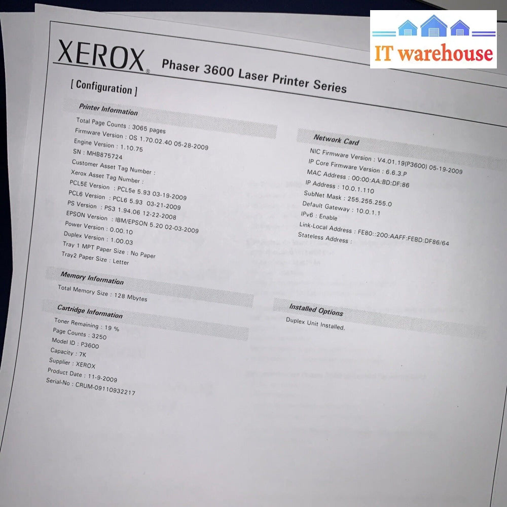 Xerox Phaser 3600 Mono Laser Printer (Page Count 3K Only)